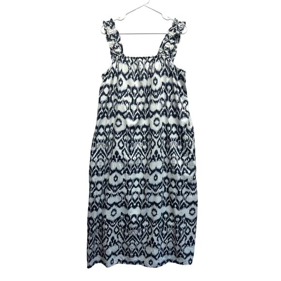 Brochu Walker Navy Ikat Print Cotton Midi Dress Large Sleeveless Ruffle Strap - Picture 1 of 12
